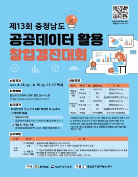 제13회 충청남도
공공데이터 활용
창업경진대회

신청기간
2025. 4. 14.(월) ~ 6. 15.(일) 23:59 까지
신청방법
충남창조경제혁신센터 통합접수시스템
(http://www.ccceicontest.or.kr/)

참가자격
예비창업자 또는 7년 이내 창업자 등 누구나
지역제한 없음
1 아이디어 기획
공공데이터 활용 창의적 아이디어를 보유한 누구나
2 제품 및 서비스 개발
공공데이터를 활용한 서비스 개발 창업(예정)자

시상규모

분야

제품 및
서비스
개발

팀

1

1

1

1

아이디어
기획

시 상
충청남도지사상
충청남도지사상
충남창조경제혁신센터장상
충청남도지사상
충청남도지사상
충남창조경제혁신센터장상
대전지방기상청장상

·부문별(아이디어/제품·서비스) 상위 1개팀(총2팀) 통합본선 진출권 부여
각 부문 대상 중 점수가 더 높은 팀에게 상금 500만 원을 수여
· 순위에 따라 선정, 상금에 대한 제세공과금은 수상자 본인 부담
· 기상기후 데이터를 활용한 1팀을 선발하여 특별상(대전지방기상
청장상) 시상

공모부문
구분

공공데이터를 활용한 창의적 아이디어

공모
분야

분야

1 아이디어
기획

2 제품 및
서비스 개발

내용

* 기존 개방된 공공데이터 외 추가 개방이 필요한 데이터까지 포함

기 개방된 공공데이터를 활용한 제품(서비스), 또는 공공데이터를 활용하지 않은 기존의 제품(서비스)에 공공
데이터를 융·복합하여 개선·개발한 제품(서비스)
※ 신청접수 마감일까지 시제품 개발이 완료된 제품만 신청가능