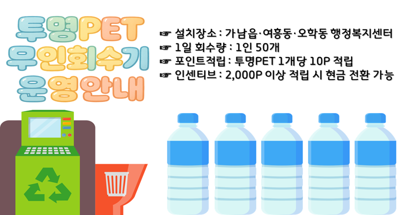 투명PET
우인회수기
운영안내

설치장소 : 가남읍 · 여흥동·오학동 행정복지센터
대 1일 회수량 : 1인 50개
대 포인트적립 : 투명PET 1개당 10P 적립
대 인센티브 : 2,000P 이상 적립 시 현금 전환 가능