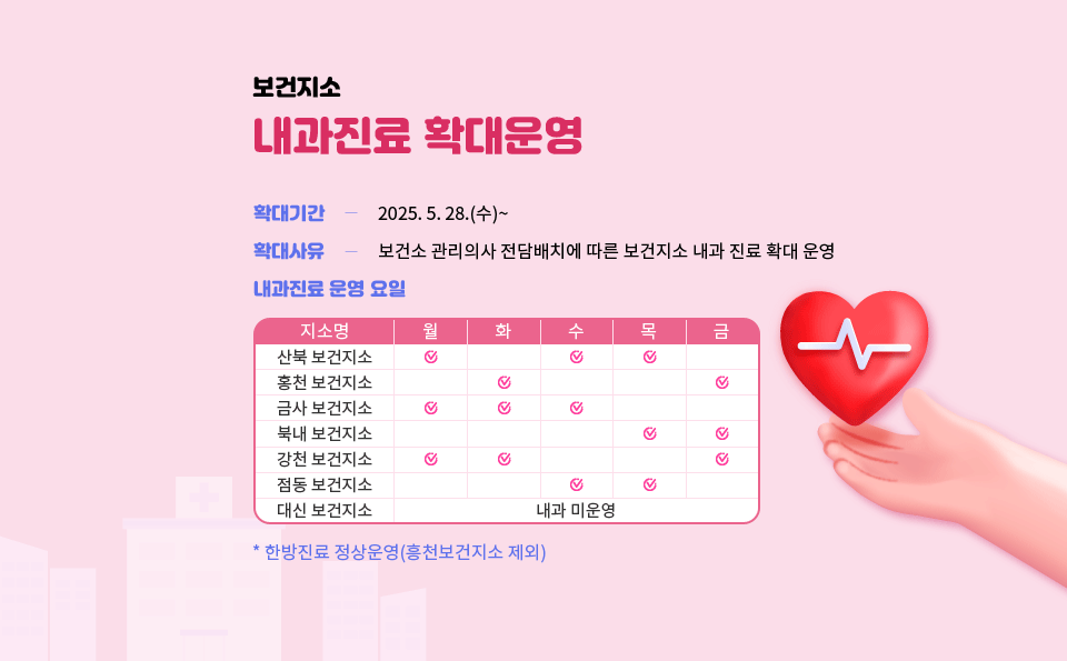 보건지소 내과진료 확대운영
/확대기간: 2025.5.28.(수)~ 
/확대사유: 보건소 관리의사 전담배치에 따른 보건지소 내과 진료 확대 운영 
/내과진료 운영 요일
-지소명: 산북 보건지소 /월: O /수: O/목: O
-지소명: 홍천 보건지소 /화: O /금: O
-지소명: 금사 보건지소 /월: O /화: O/수: O
-지소명: 북내 보건지소 /목: O /금: O
-지소명: 강천 보건지소 /월: O /화: O/금: O
-지소명: 점동 보건지소 /수: O/목: O
-지소명: 대신 보건지소 /내과 미운영
 ※한방진료 정상운영(흥천보건지소 제외)