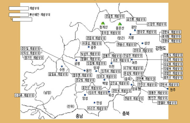 군대해산 직후 경기 남동부 지역에서 활동한 의병부대 분포도 이미지